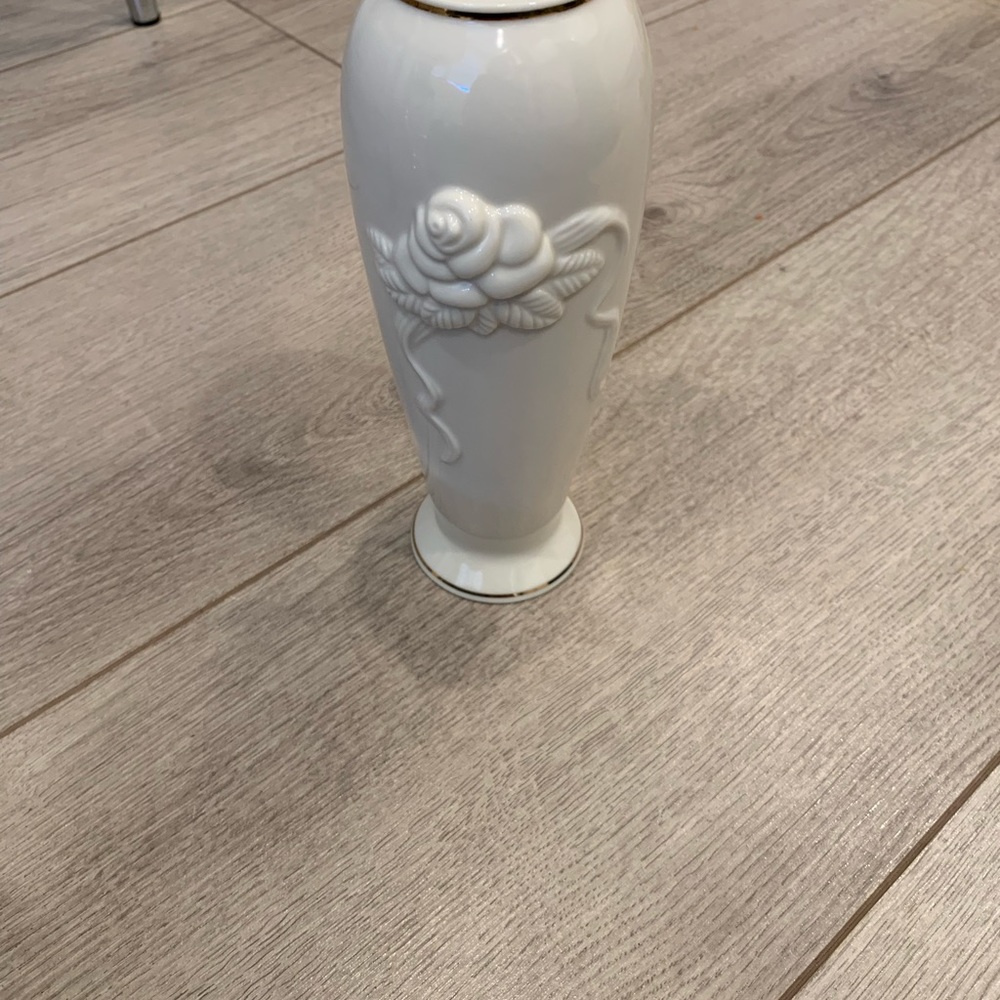 Lenox Rose Blossom 7.5” H Vase. Embossed with Gold Trim.